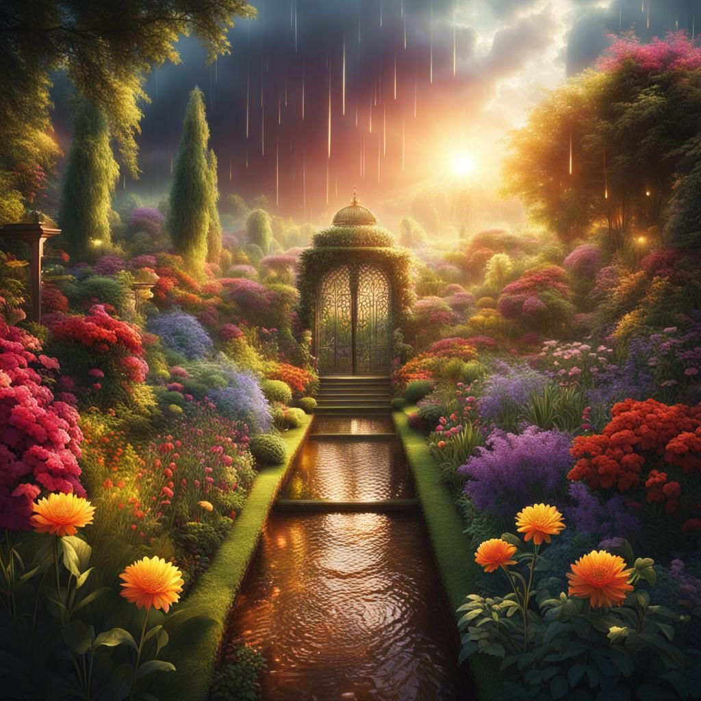 Sunshine Through Rain Over a Colorful Garden