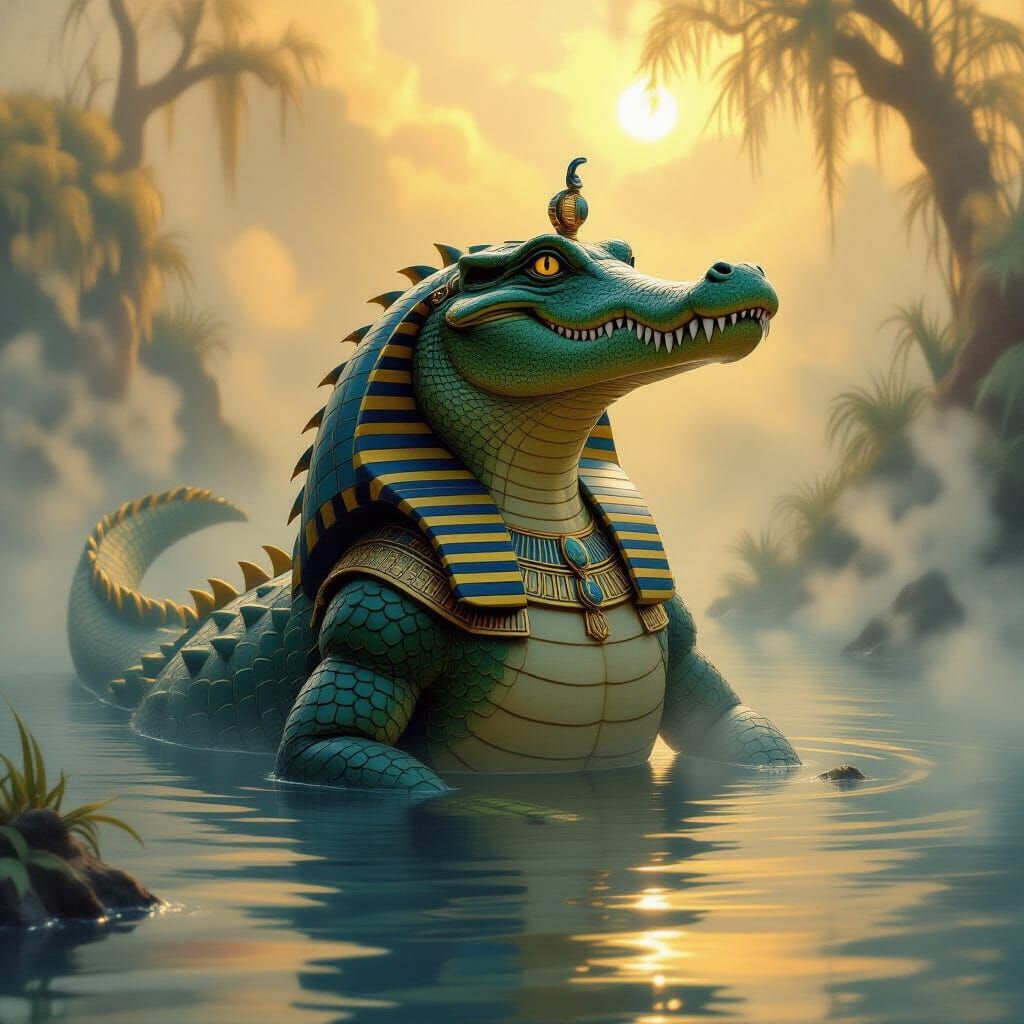 Ethereal Egyptian Crocodile Goddess in Mystical Mist