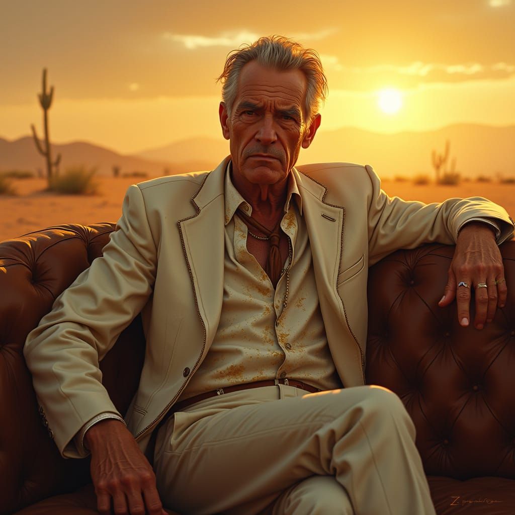 Man in White Suit: Hyperrealistic Desert Portrait