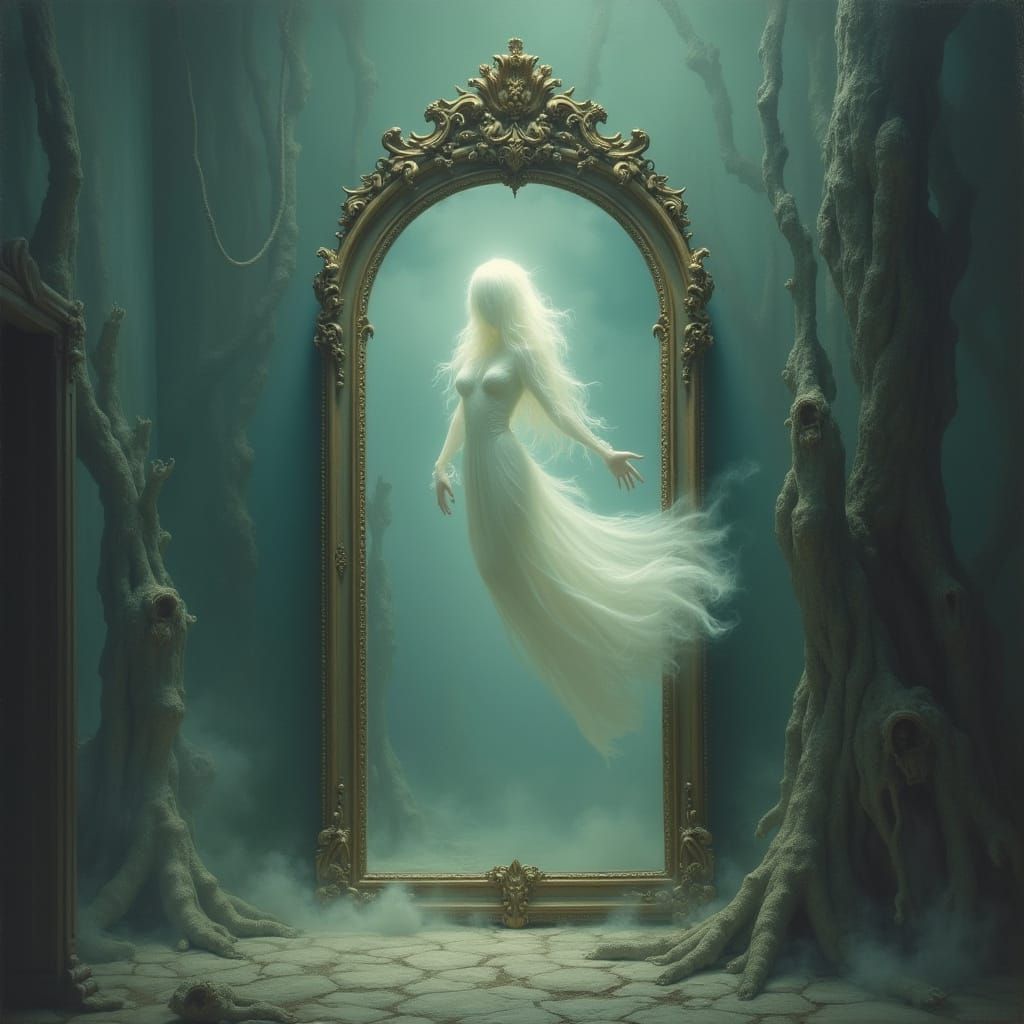 Ghost Dissipating from Mirror in Surreal Dreamscape