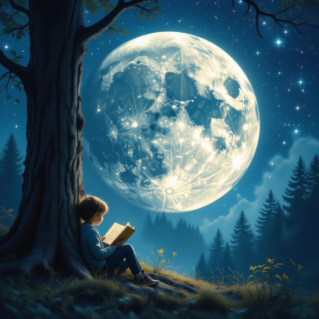 Surreal Forest Moonscape with Child Reading