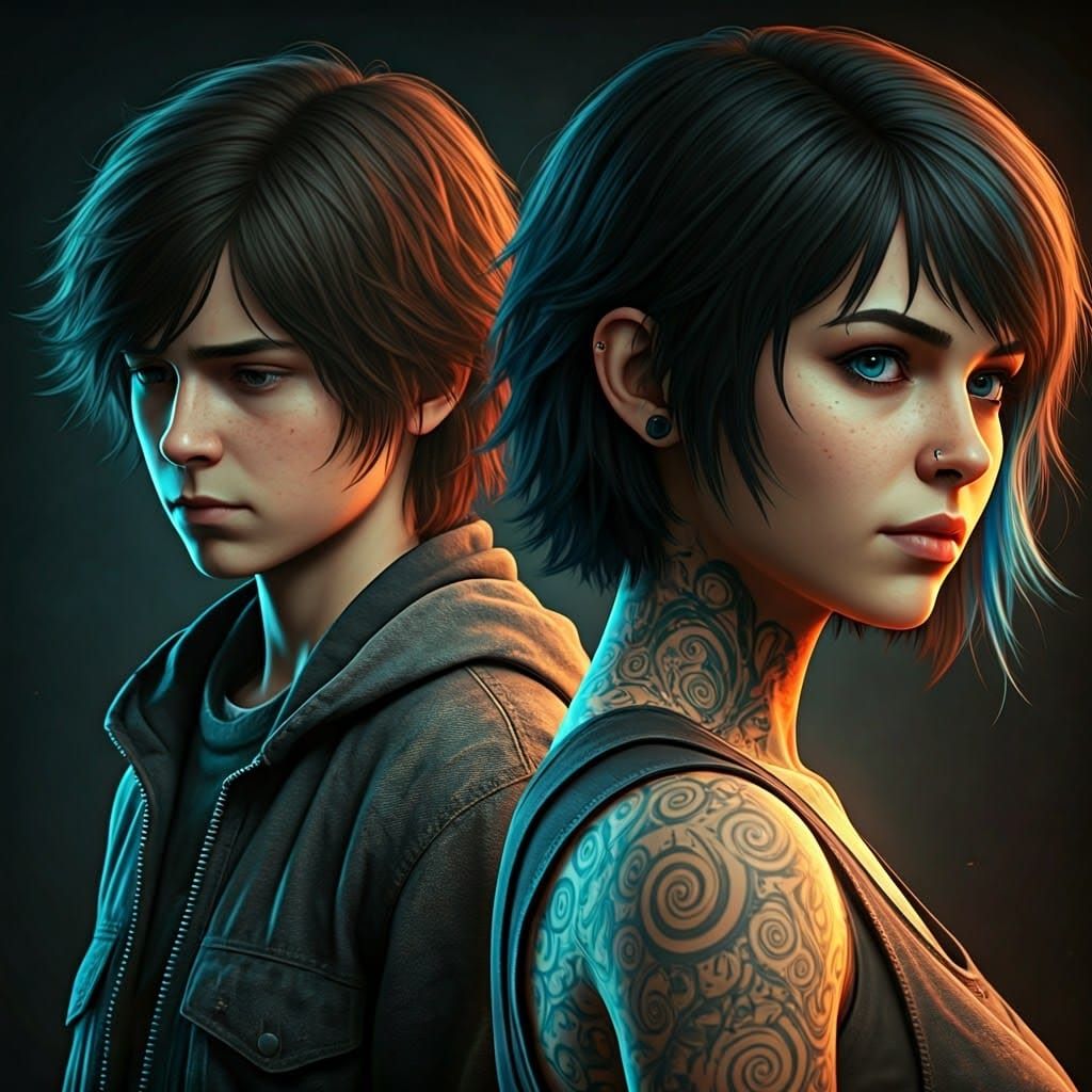 Woman with Tattoos Portrait in Art Nouveau Style