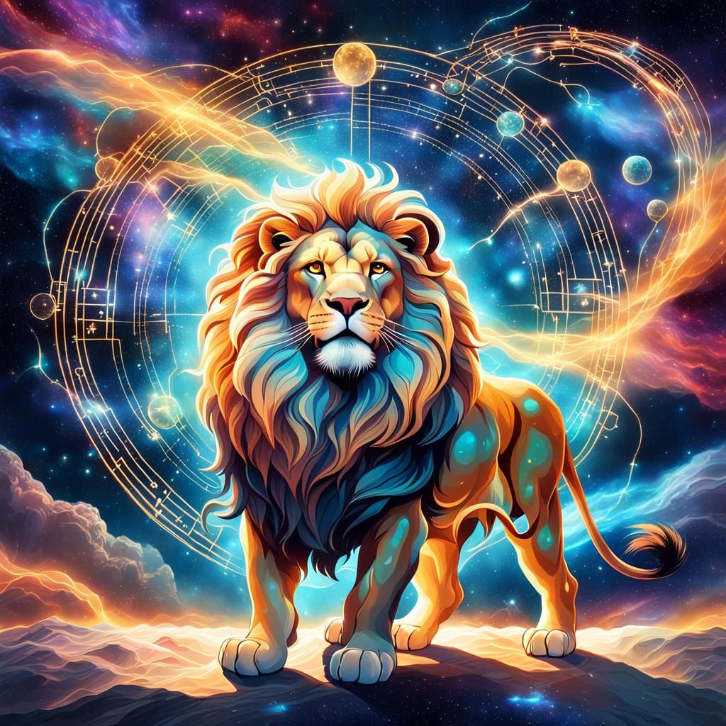 Ethereal Leo Zodiac Sign in Cosmic Holographic Style