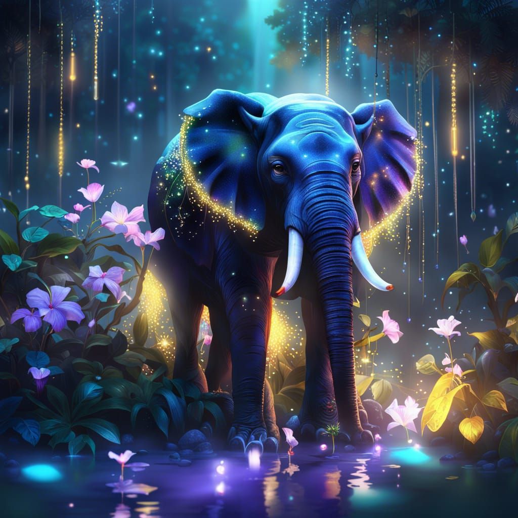Iridescent Jungle Elephant Waterfall in Anime Style