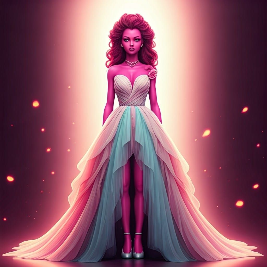 Vibrant Pink Goddess in Elegant Gown with Golden Glow