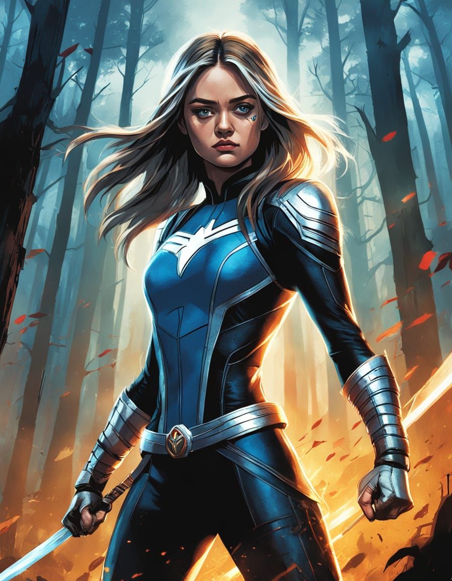 Marvel Superheroine Rogue with White Hair Streaks in Dark Fo...