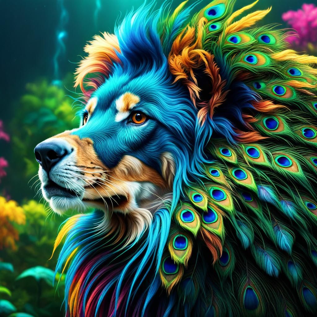 Fantastic Hybrid Peacock Dog Lion in 8K