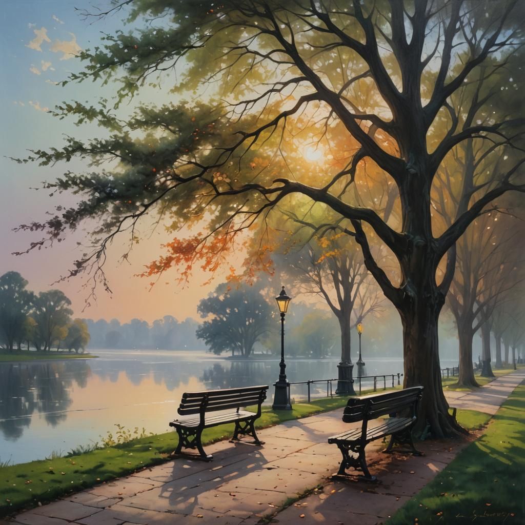 Foggy Morning Park Scene in Oil Painting Style