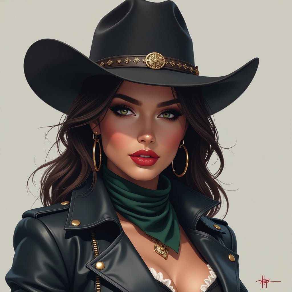 Dark Cowgirl Assassin in Hyperrealistic Splash Art Style