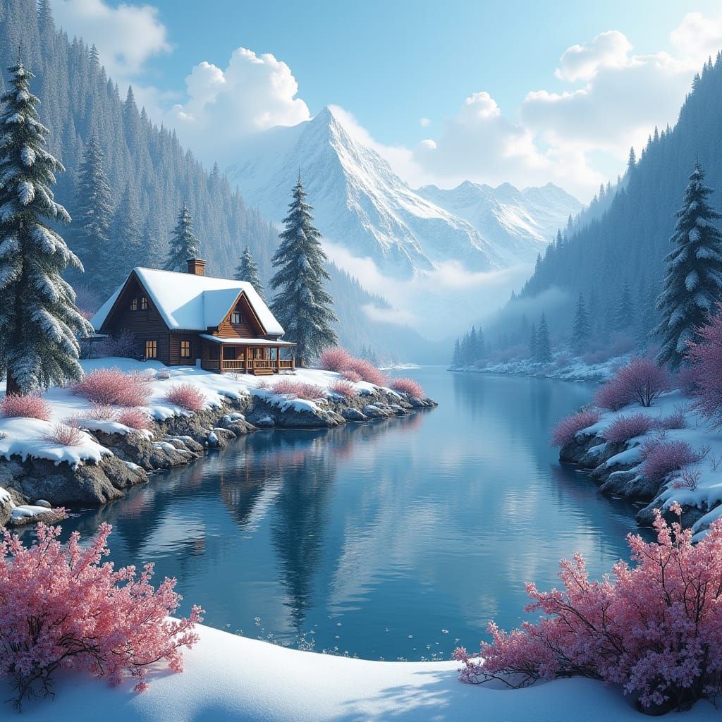 Snowy House by River with Mountain Flowers