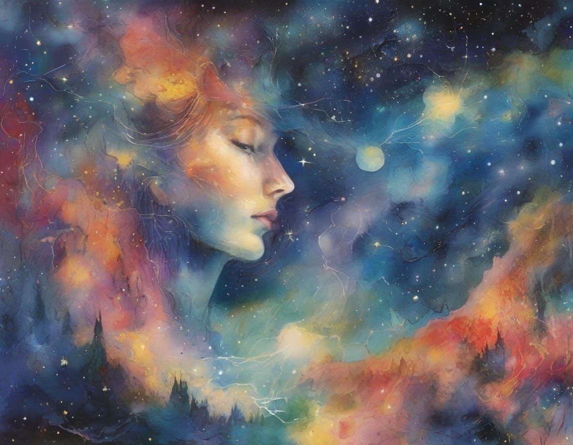 Surreal Cosmic Portrait in Vibrant Watercolour and Ink