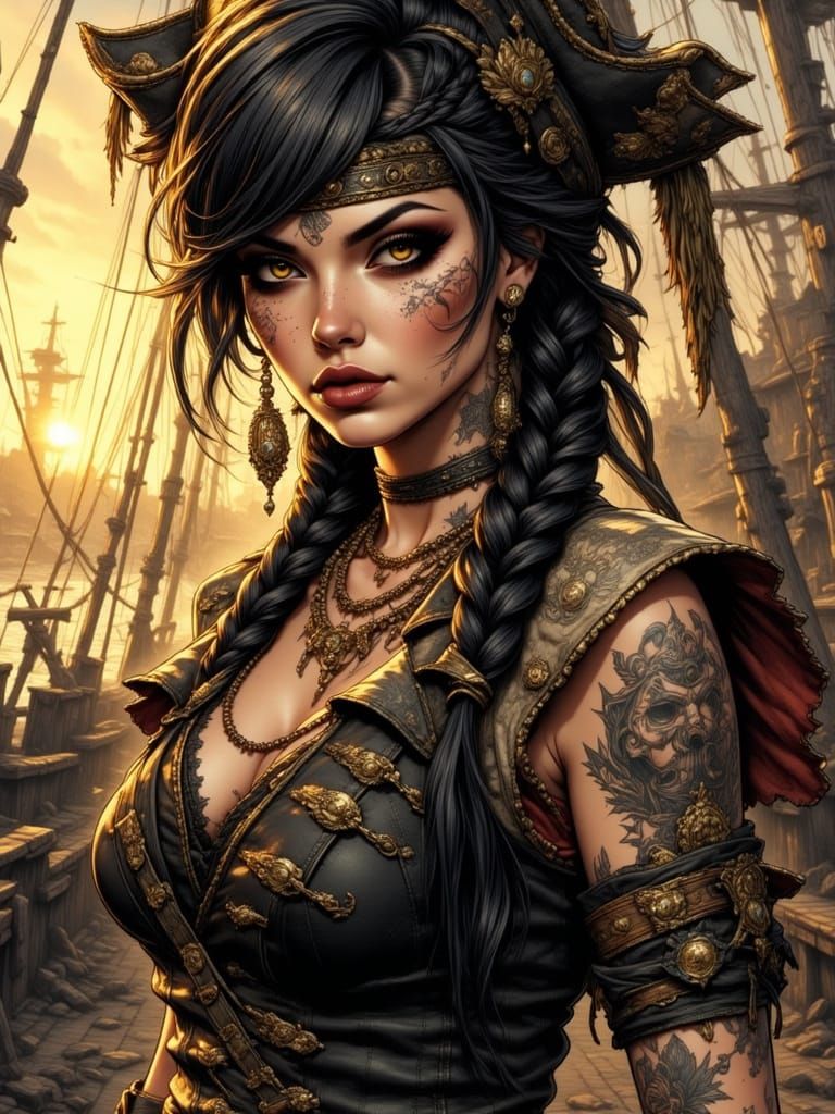 Fierce Female Pirate Captain in Golden Hour Light
