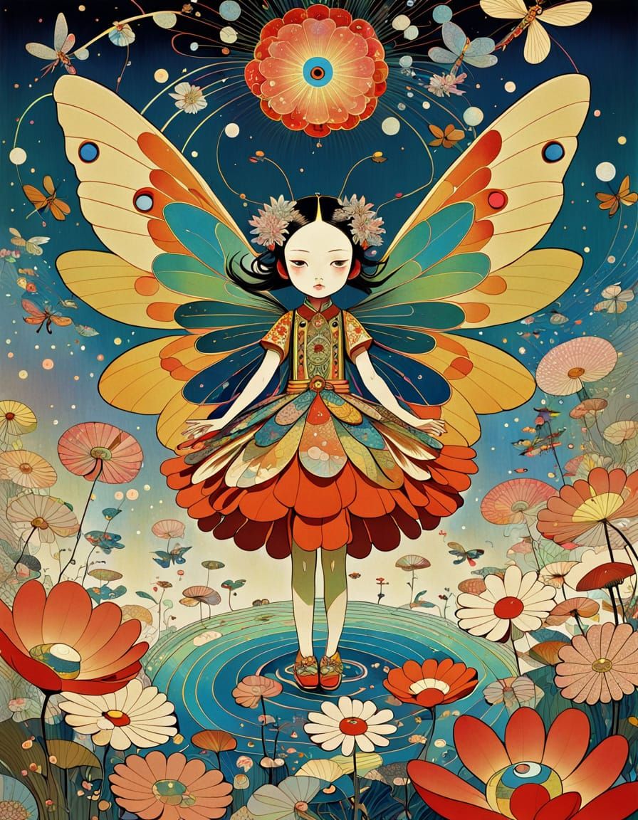 Cosmic Flower Fairy in Vibrant Geometric Abstraction