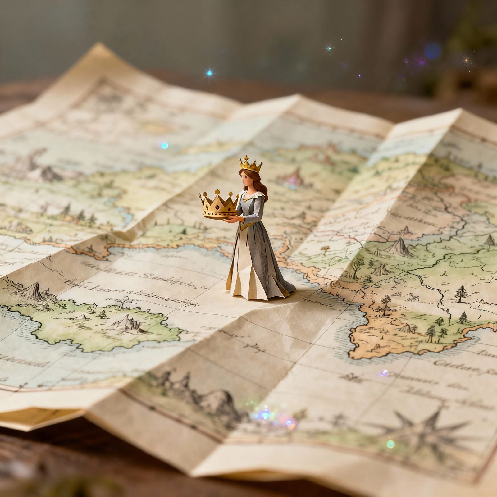 Miniature Queen on Map with Paper Crown