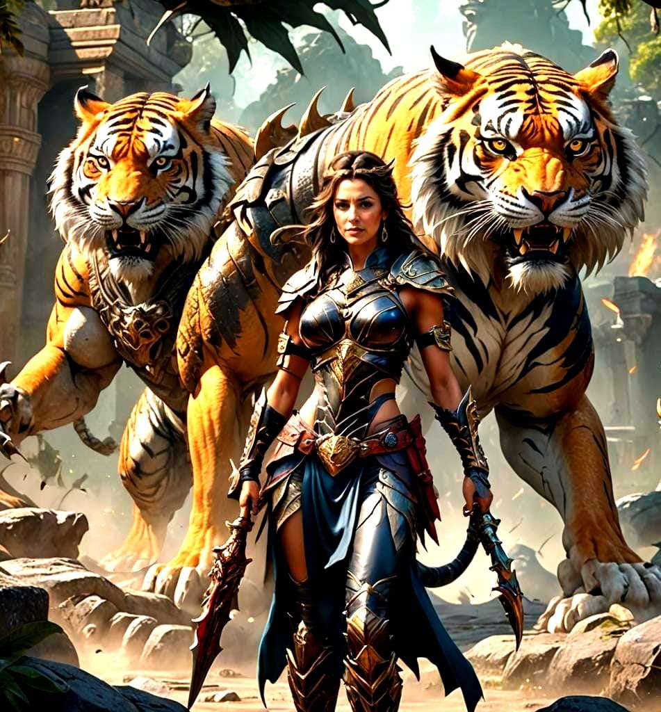 Warrior Princess with Tiger-Dragon Hybrid in Fantasy Art