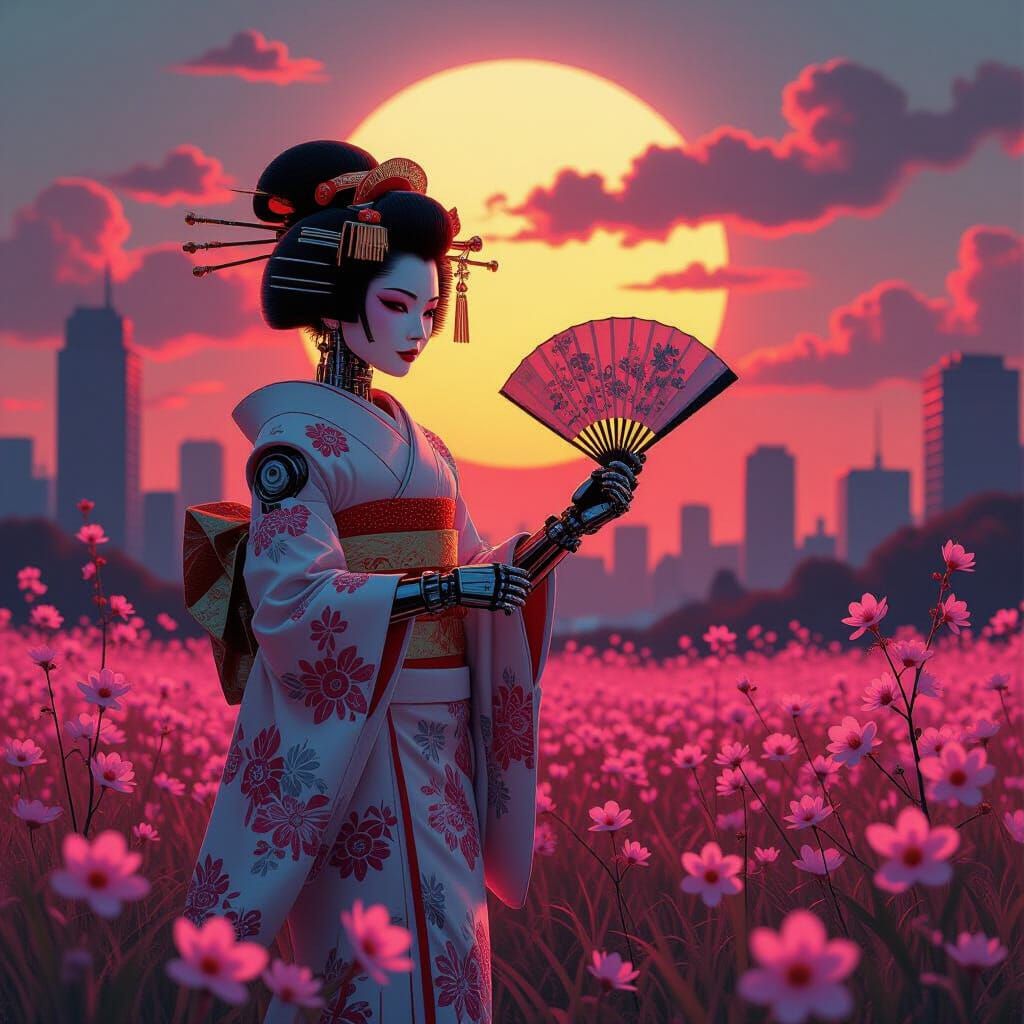 Robot Geisha in Post-Apocalyptic Tokyo, Cyberpunk Style
