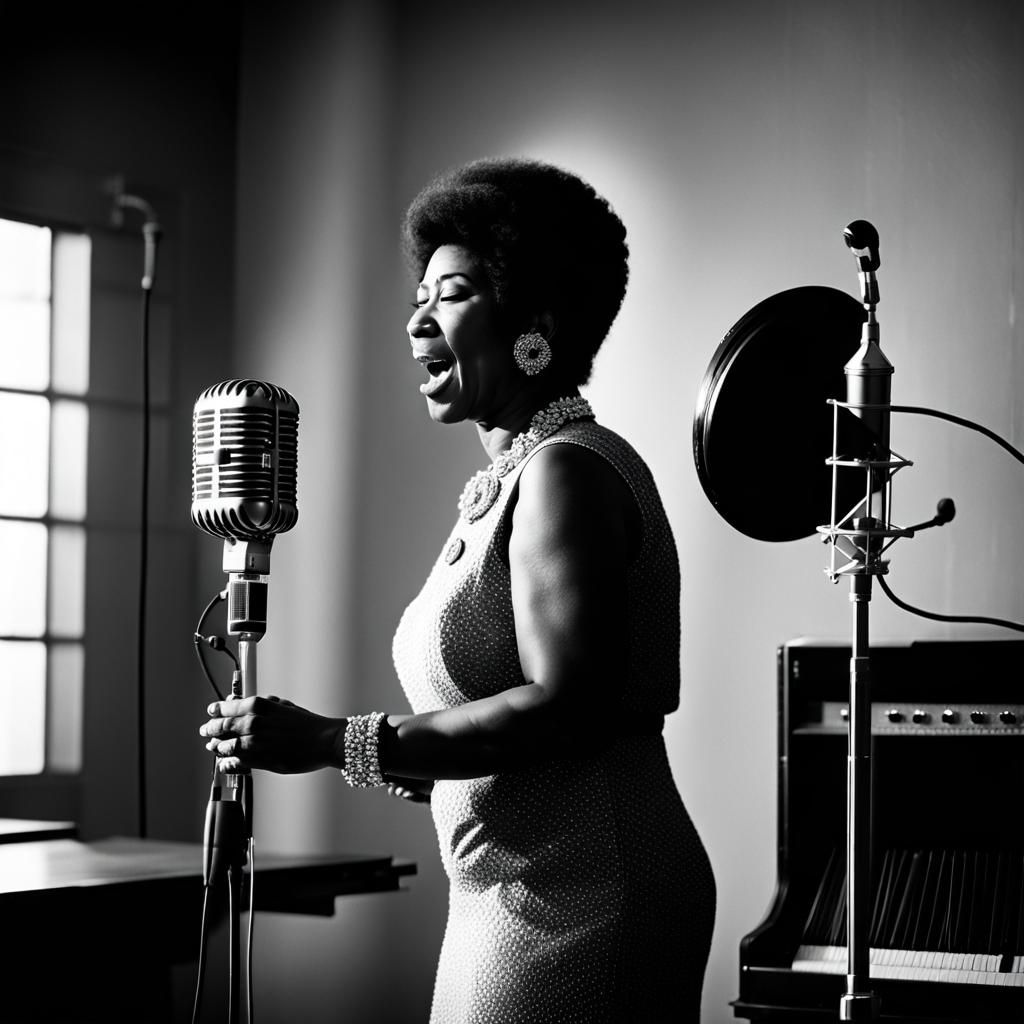 Natural woman recording a song with a beautiful vintage microphone