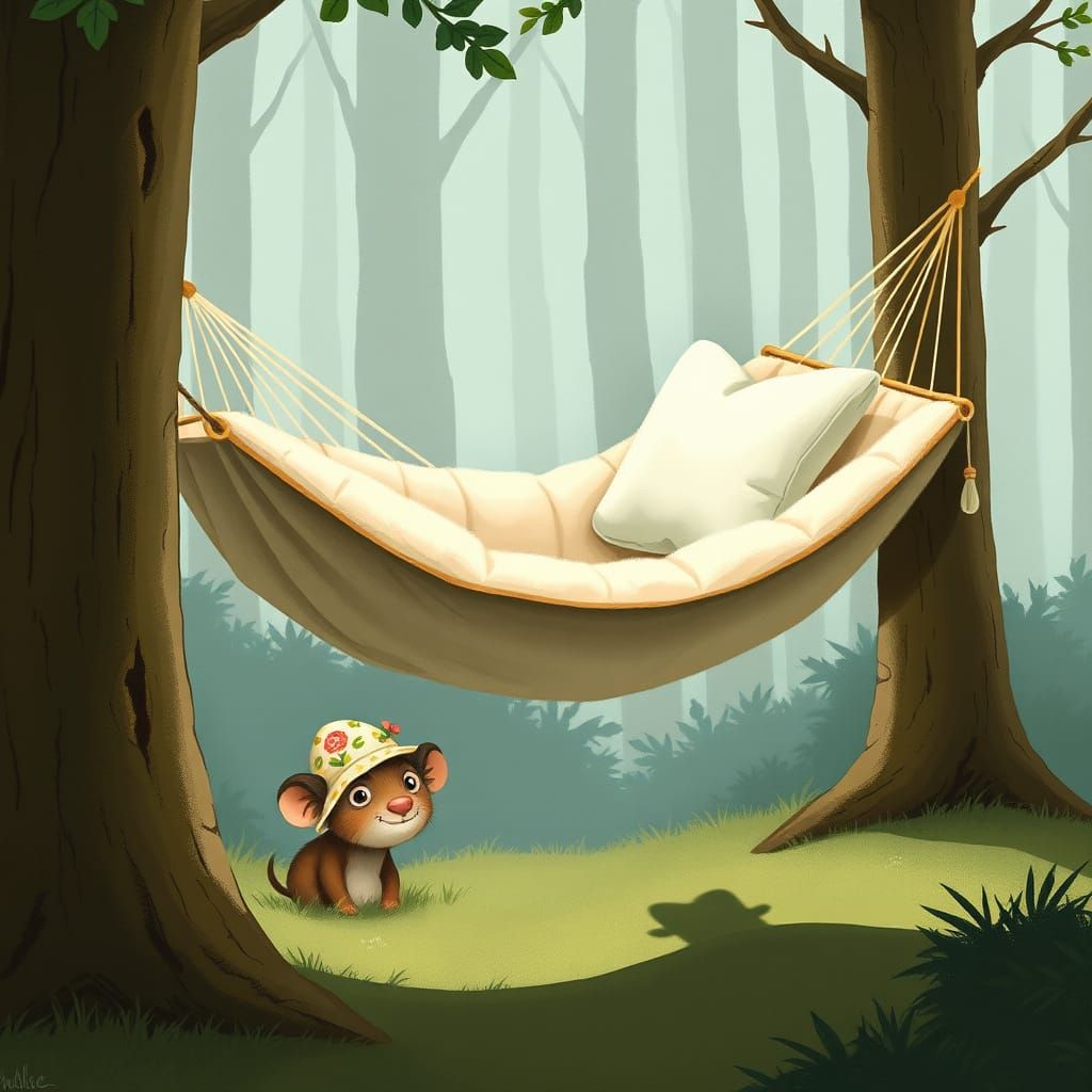 Whimsical Forest Hammock Scene in Storybook Style