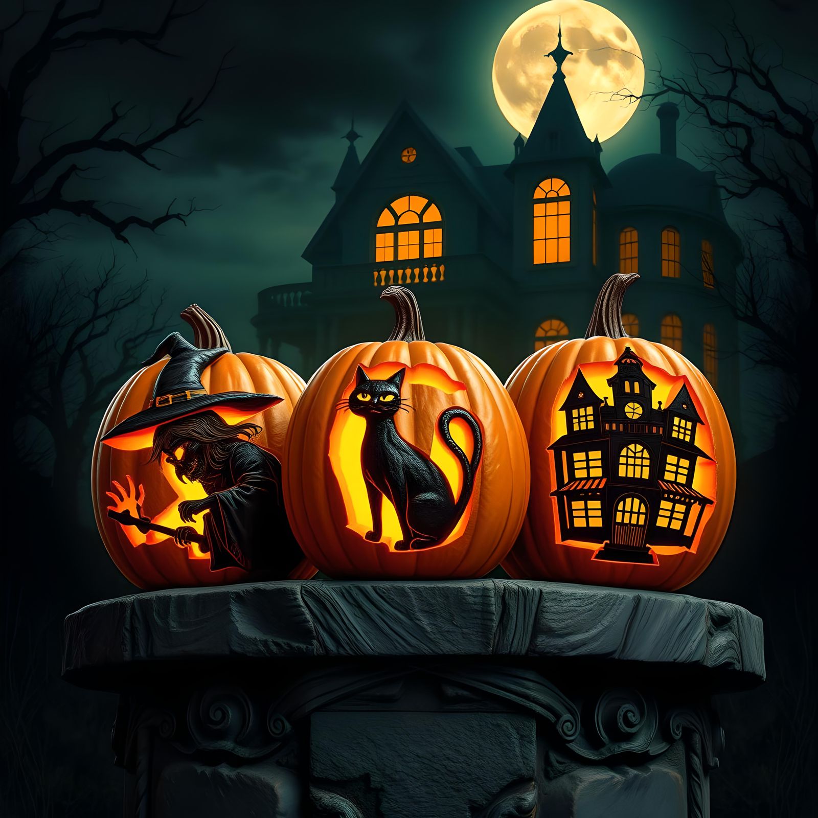 Haunted Halloween Pumpkin Carvings at Spooky Mansion