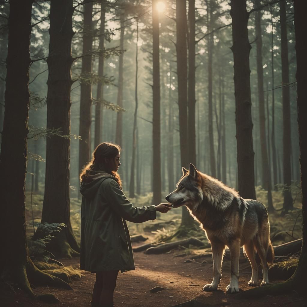 Girl and Wolf in Moonlit Forest