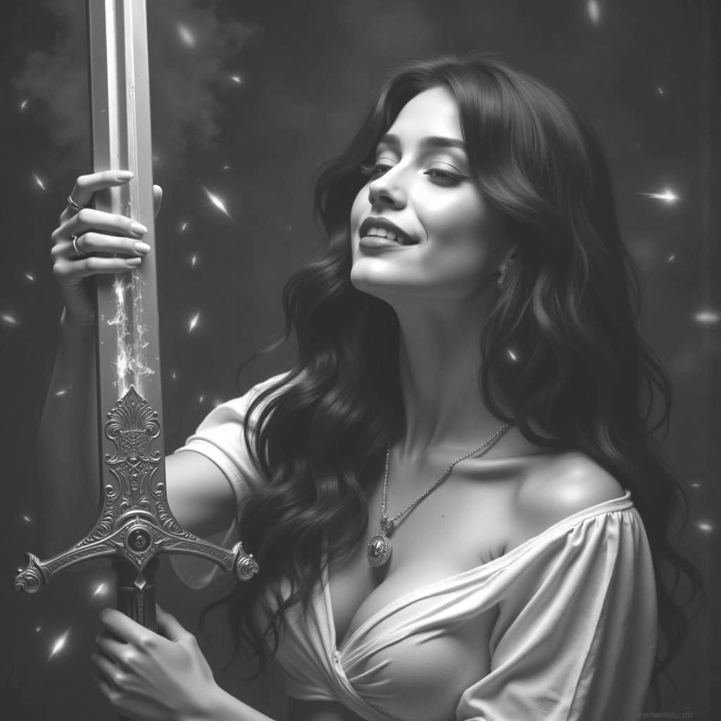 Woman Wielding Excalibur in Light and Shadow