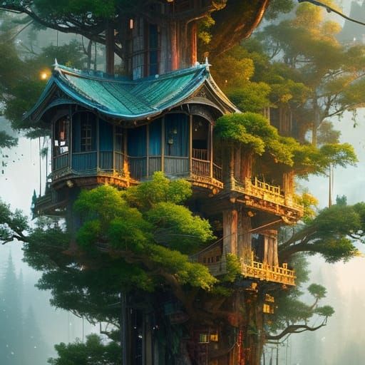 Humans Hidden in Tree Tops: Detailed Fantasy Art