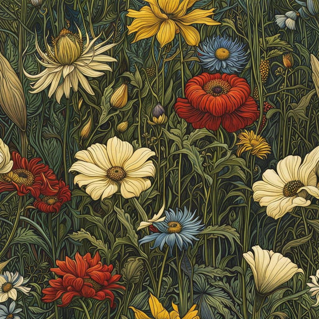 Luminous Wildflowers in Stained Glass Style