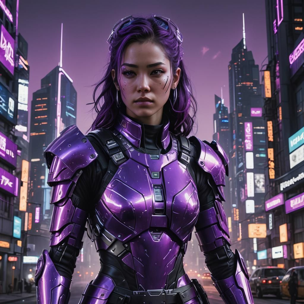 Half body image of a girl with focused and sharp eyes, wearing high-tech purple armor with silver-white metal fasteners ...