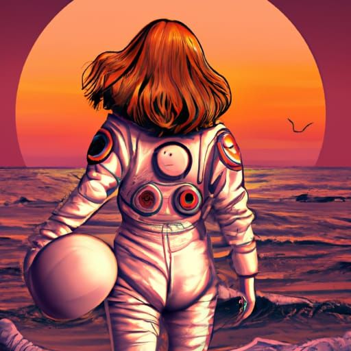 Woman in Spacesuit Gazing at Retro Sunset