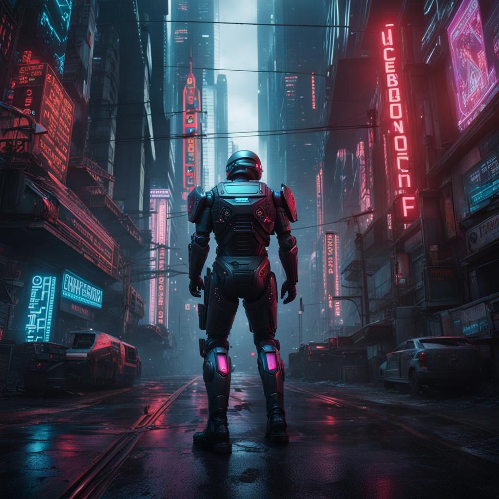 Cyberpunk Robocop in Detailed Matte Painting Style
