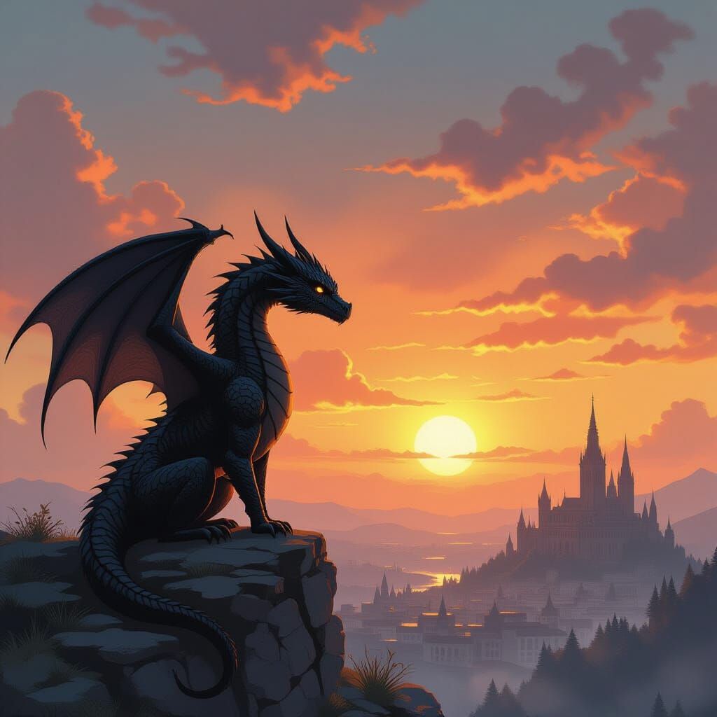 Black Dragon Watches Sunset in Gothic Watercolor Style