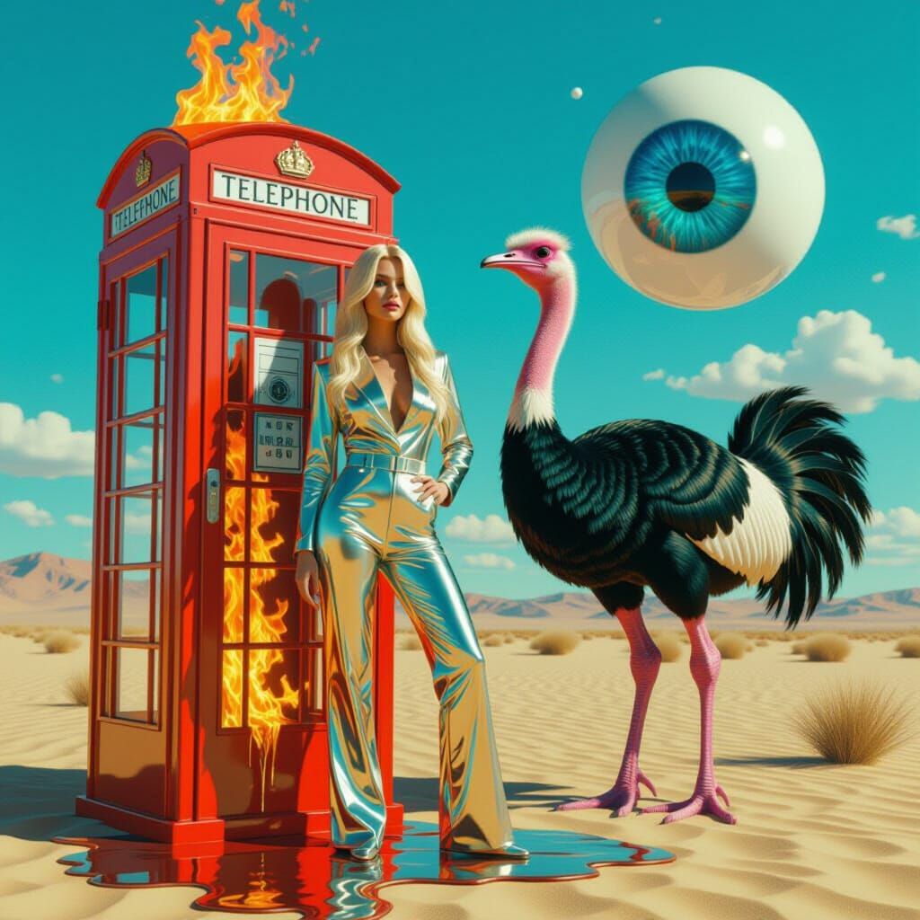 Surreal Scene: Woman, Flaming Ostrich & Melting Phone Booth