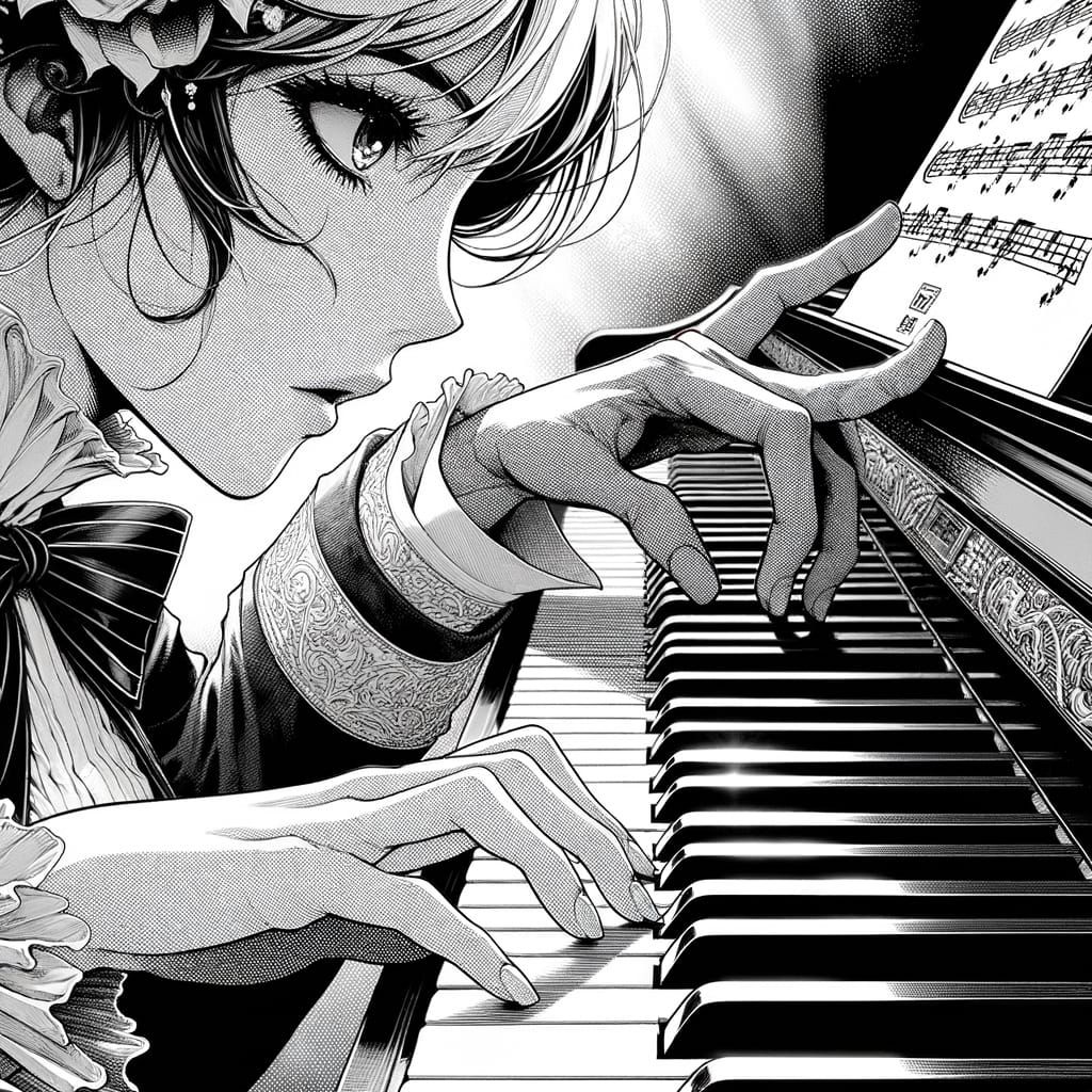 Manga Panel: Hands on Piano Keys in Tense Encounter