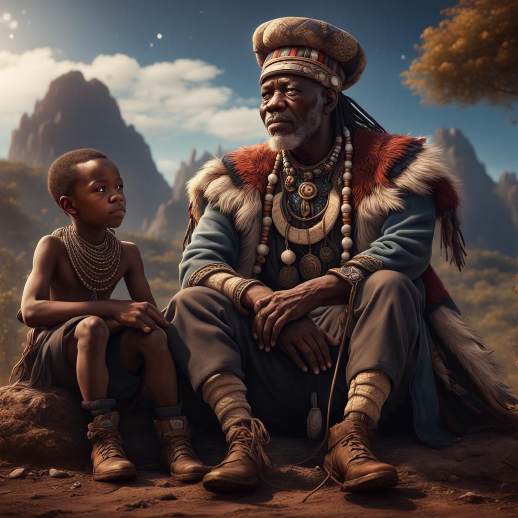Zulu Boy and Elder Under Cosmic Tree: Digital Art