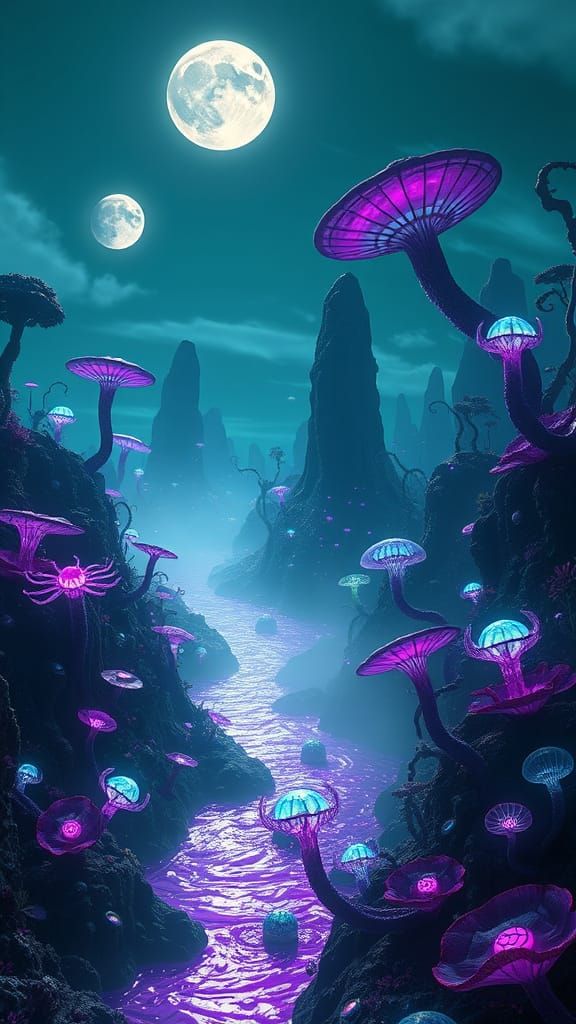 Alien Landscape with Glowing Vegetation and Bioluminescent C...