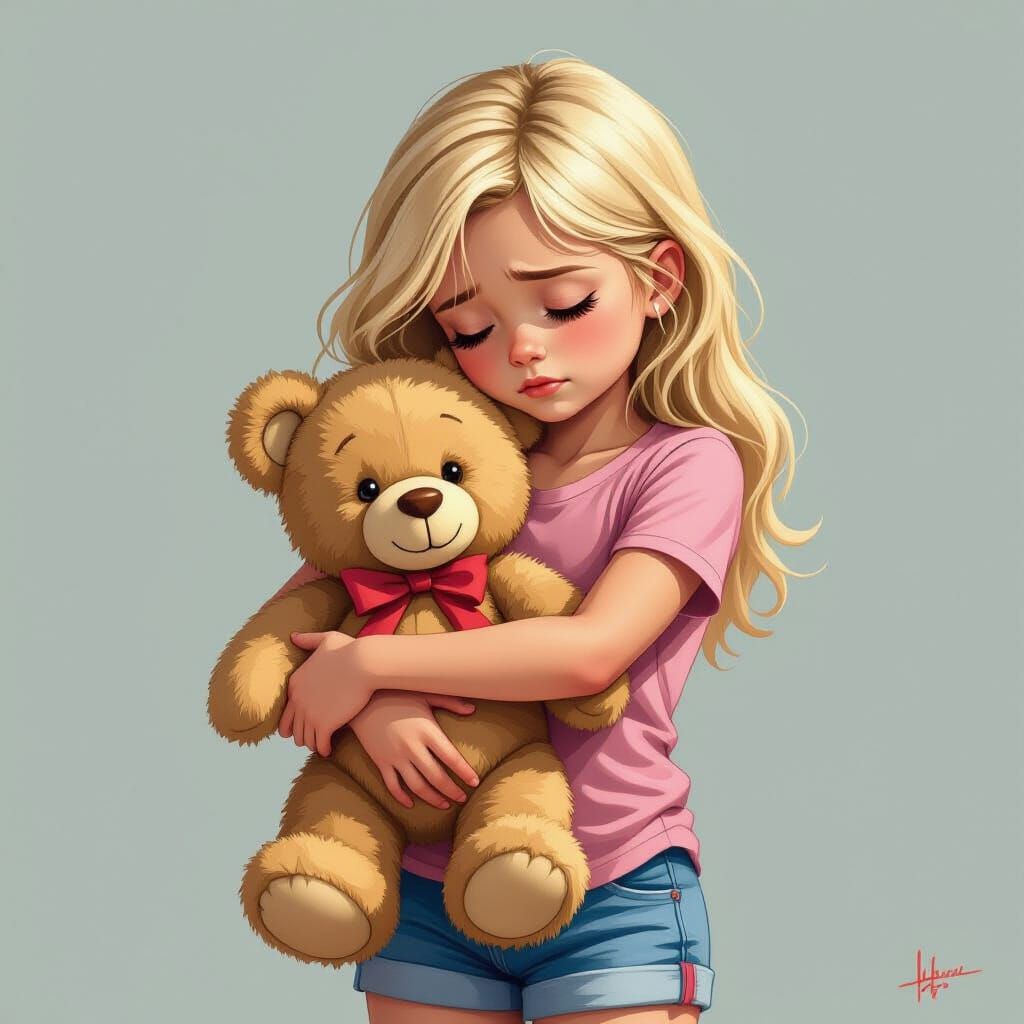Sad Girl Hugging Teddy Bear: Matte Painting Style