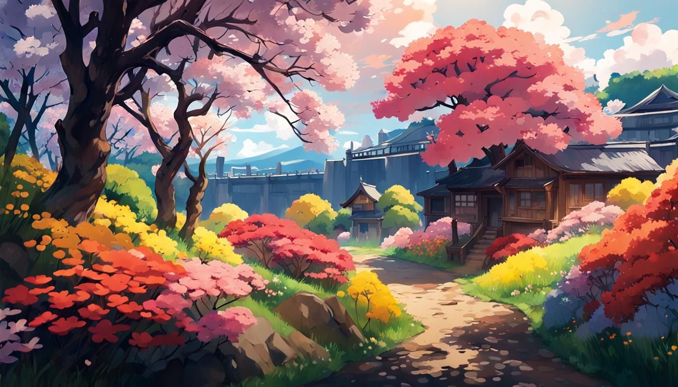 Anime Spring Landscape with Blossoming Trees