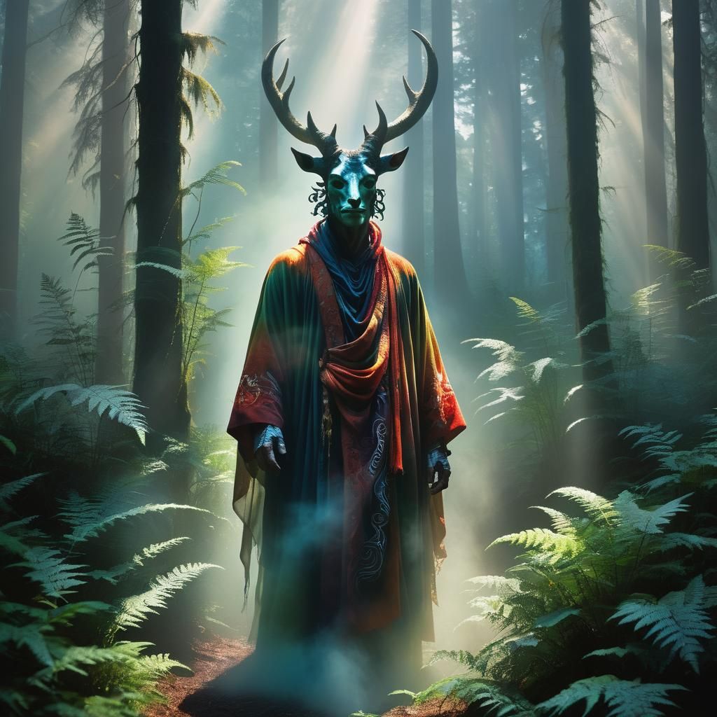 Horned Figure in Misty Forest, Dreamlike Realism