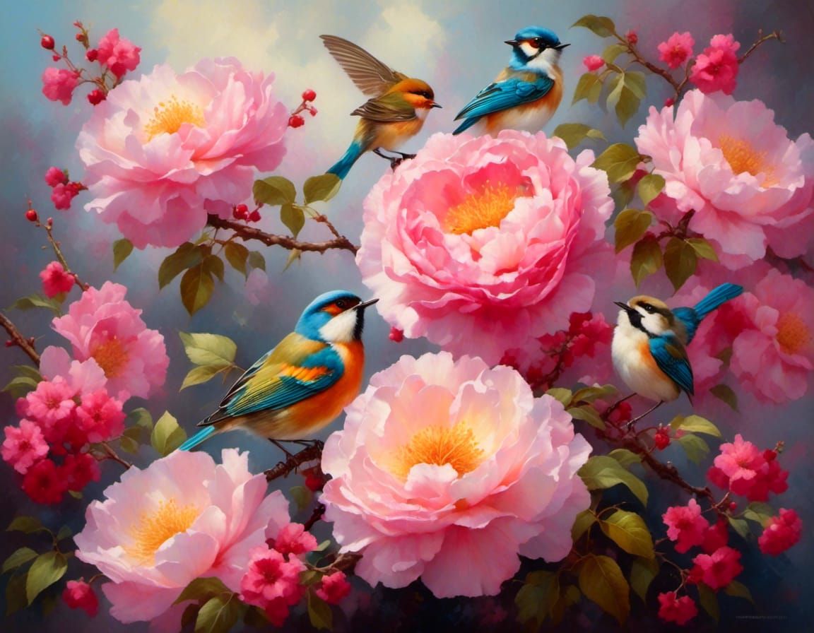 Indigo Bunting in Blossom, Gouache and Watercolor Style