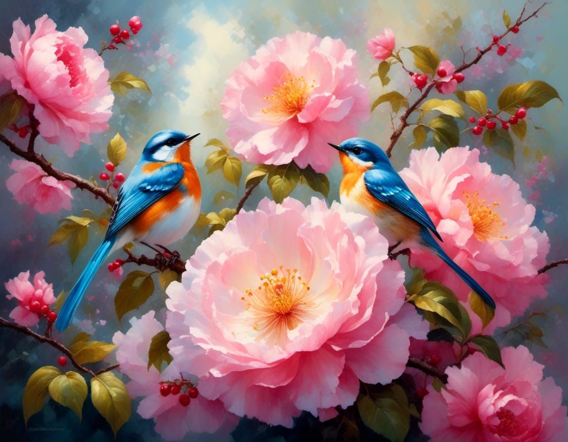 Indigo Bunting in Blossom, Gouache Impressionist Masterpiece