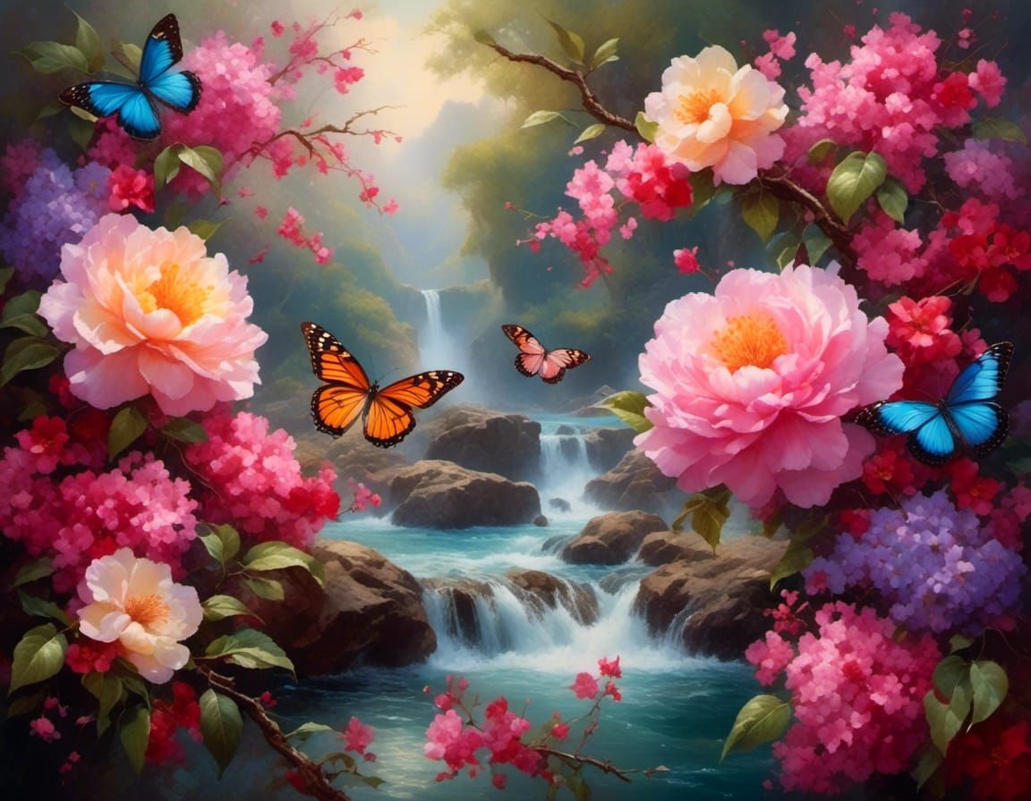 Indigo Bunting in Blossom as Gouache Painting