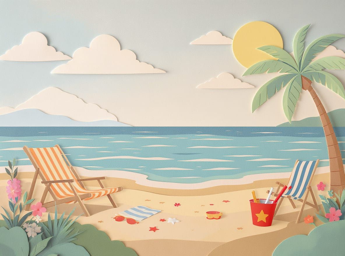 Summer Beach Scene in Paper Cut Style