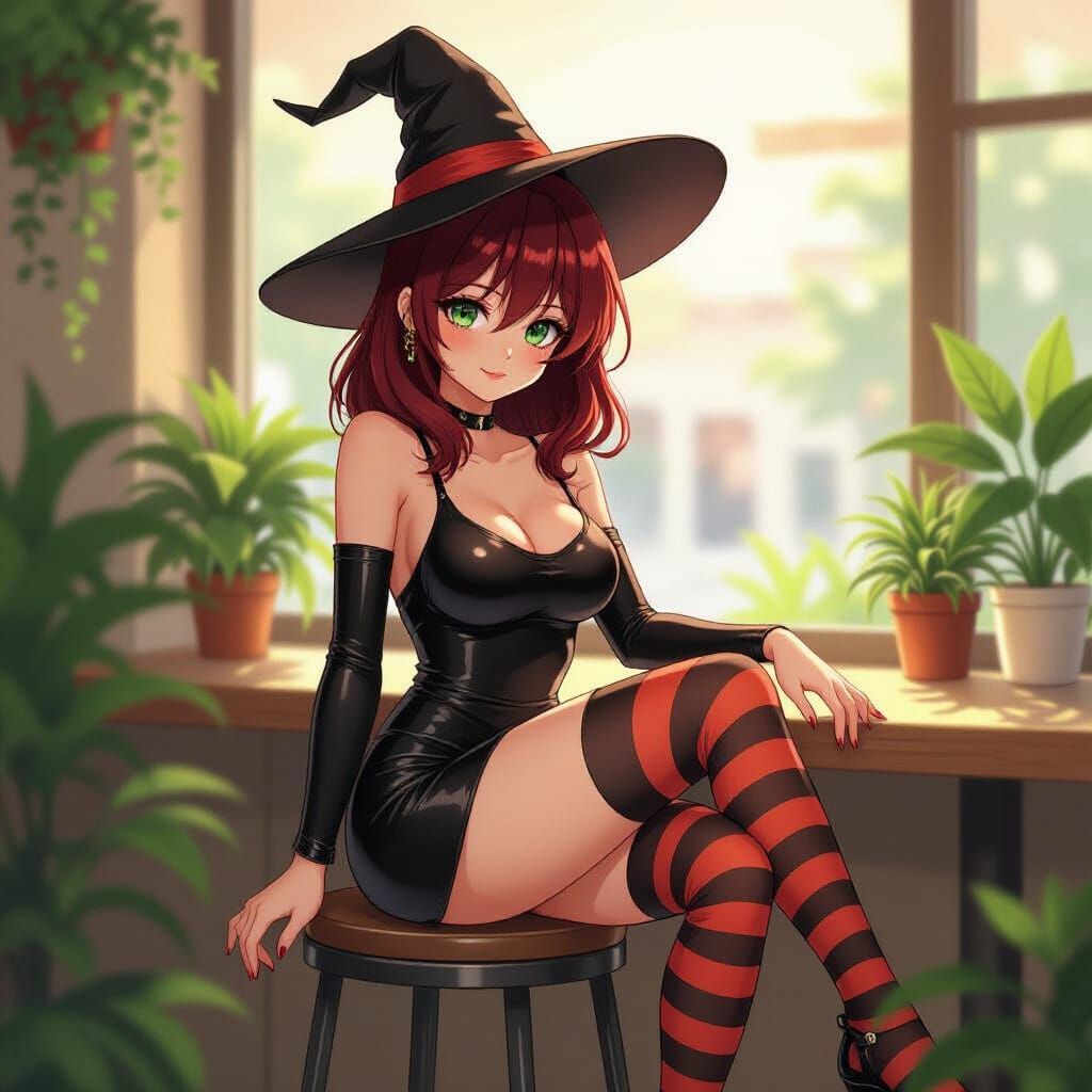 Anime Woman in Coffee Shop, Studio Trigger Style