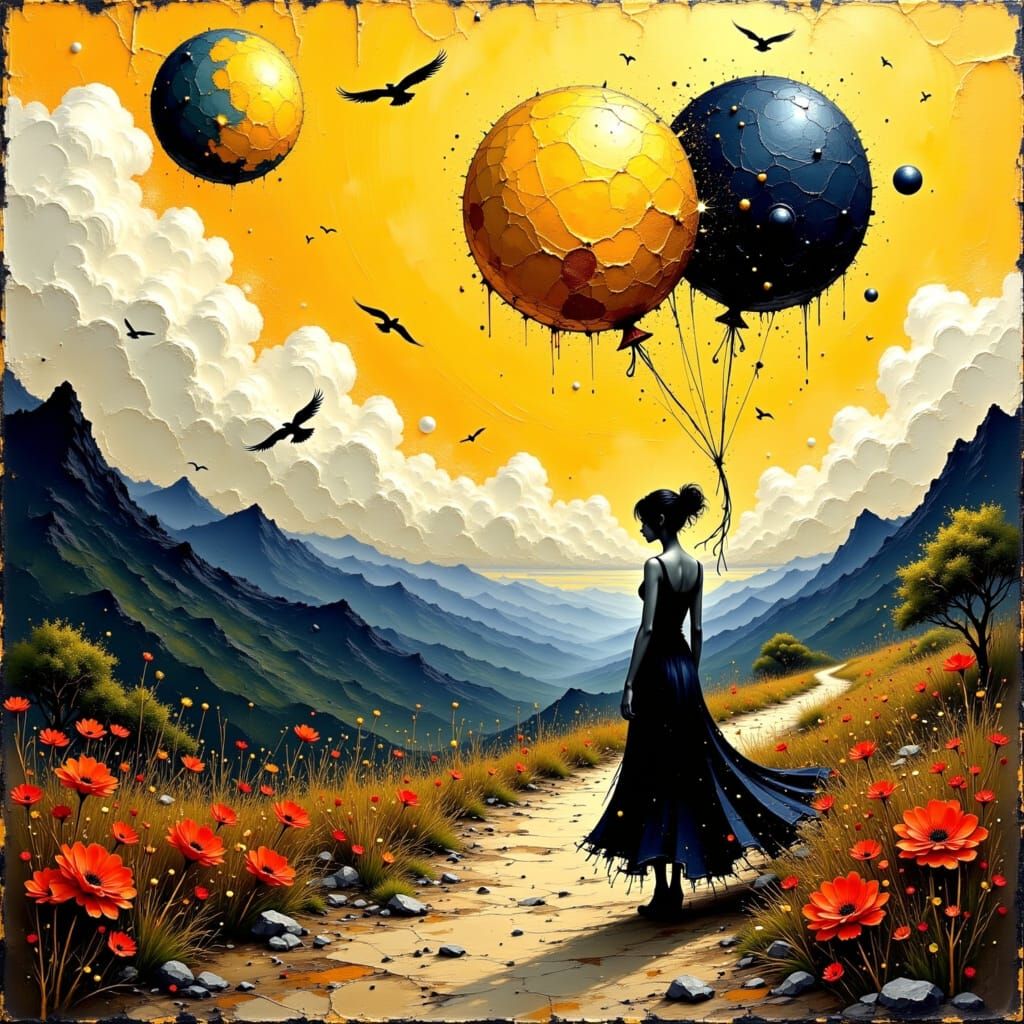 Celestial Balloons on Mountain Path in Impasto Style