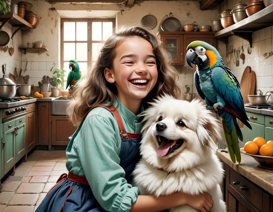Girl, Dog, and Parrot in a Kitchen