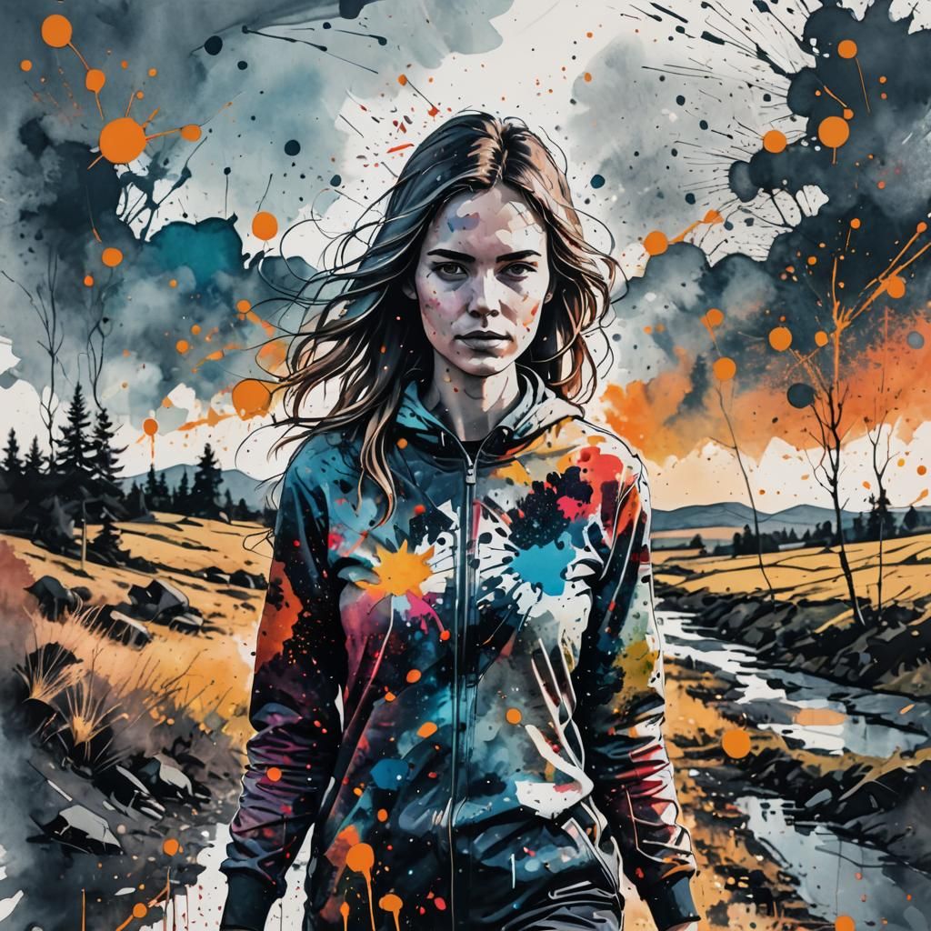 Ink Splatter Portrait: Woman in Scandinavian Landscape