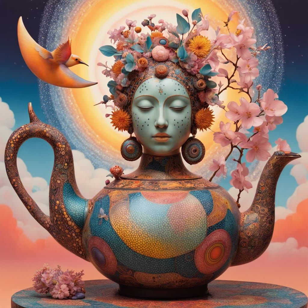Seated Figure Teapot Embracing Bird, Cosmic Collage