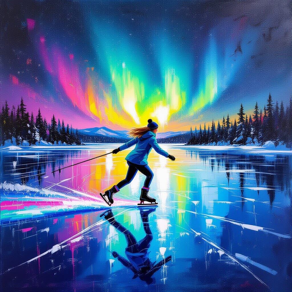 Ice Skater's Colorful Aurora Trail: Abstract Art