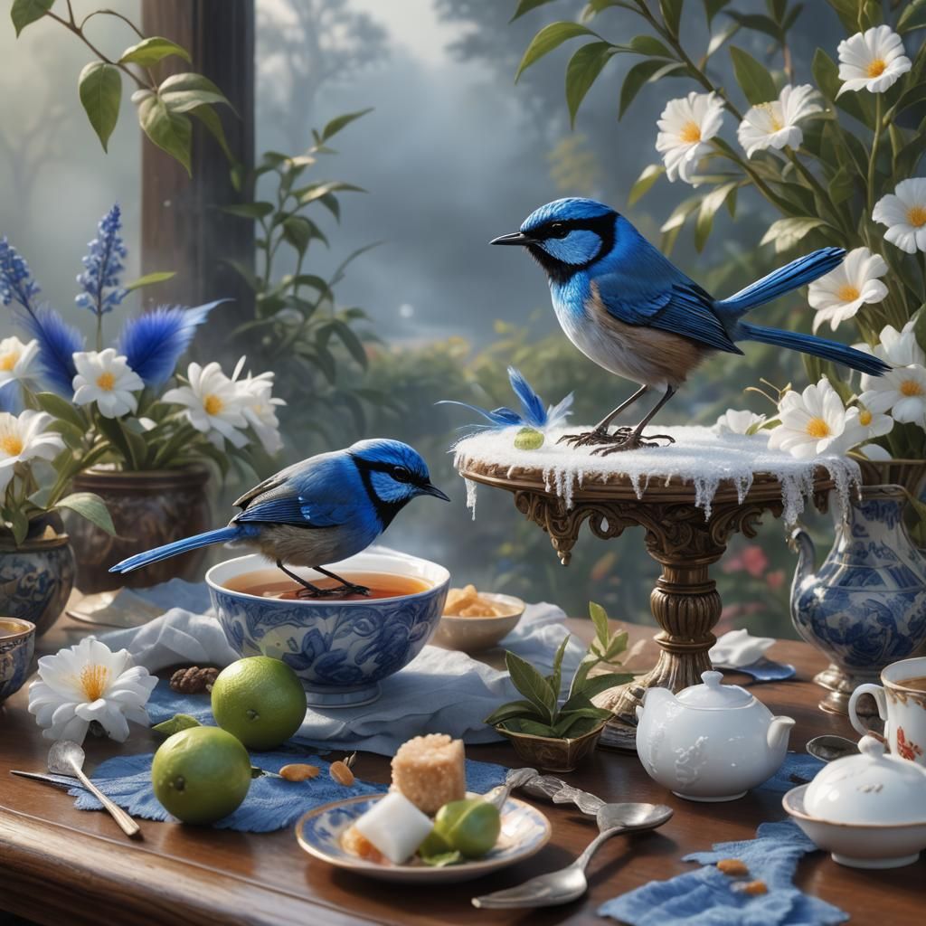 Blue Wren Stealing Sugar: Hyperrealistic Fine Art