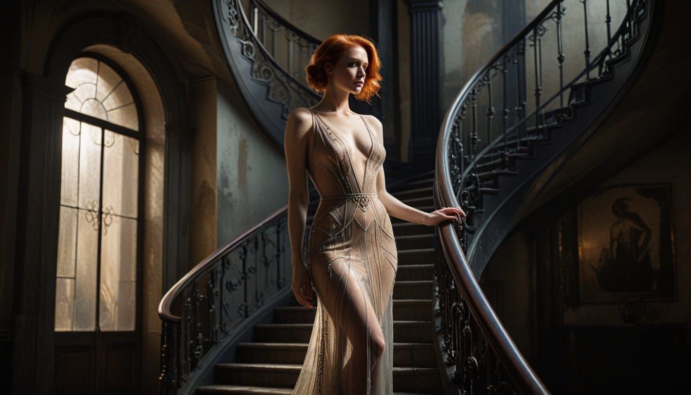 Redhead Woman in Sheer Gown on Art Deco Staircase